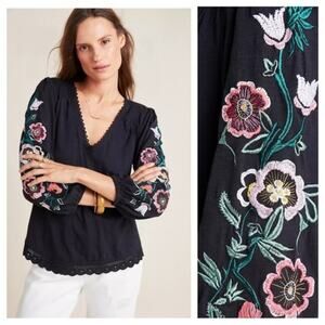 Anthropologie Boho Floral Helene Embroidered V-Neck Peasant Blouse Size XS